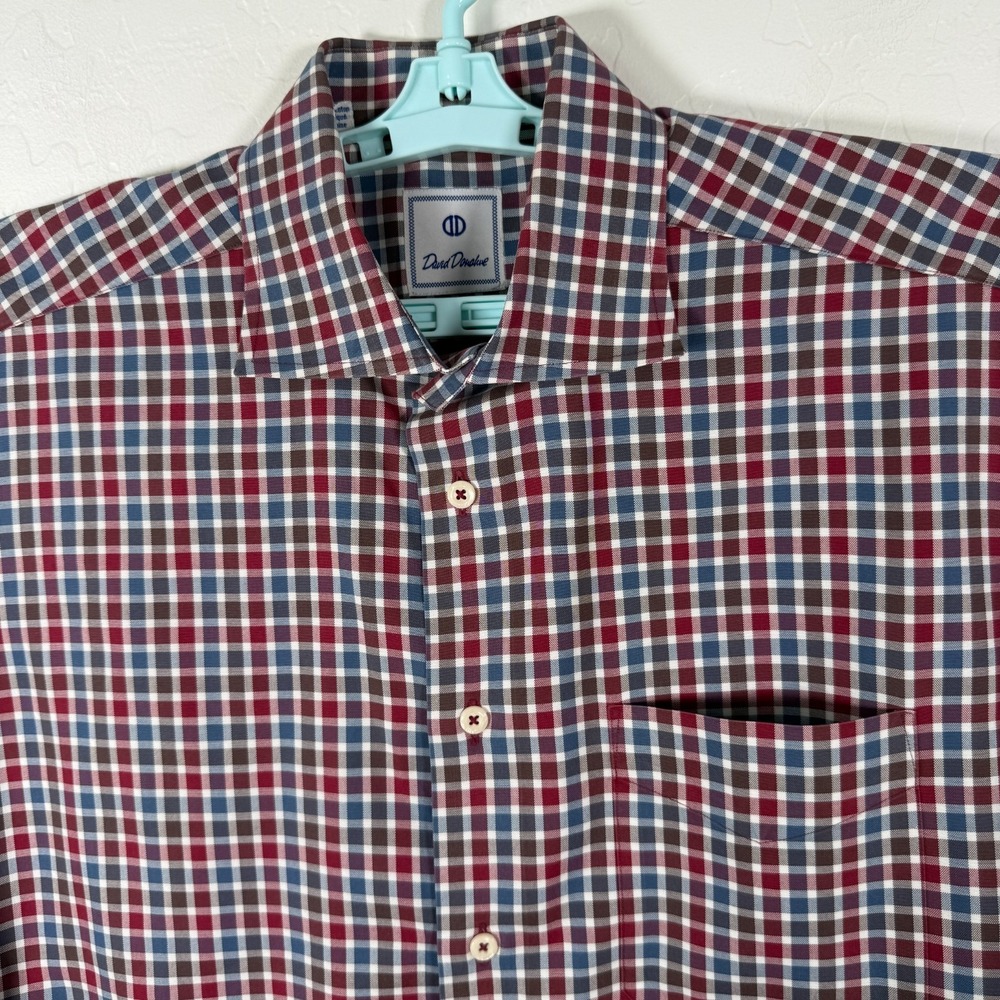 David Donahue Shirt Mens Large Blue Red Button Up Long Sleeve Check Cotton